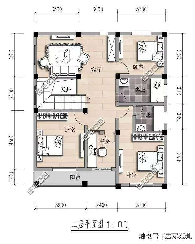 户型一: 第一套户型占地11x9米,带独立阳台小二层修建.