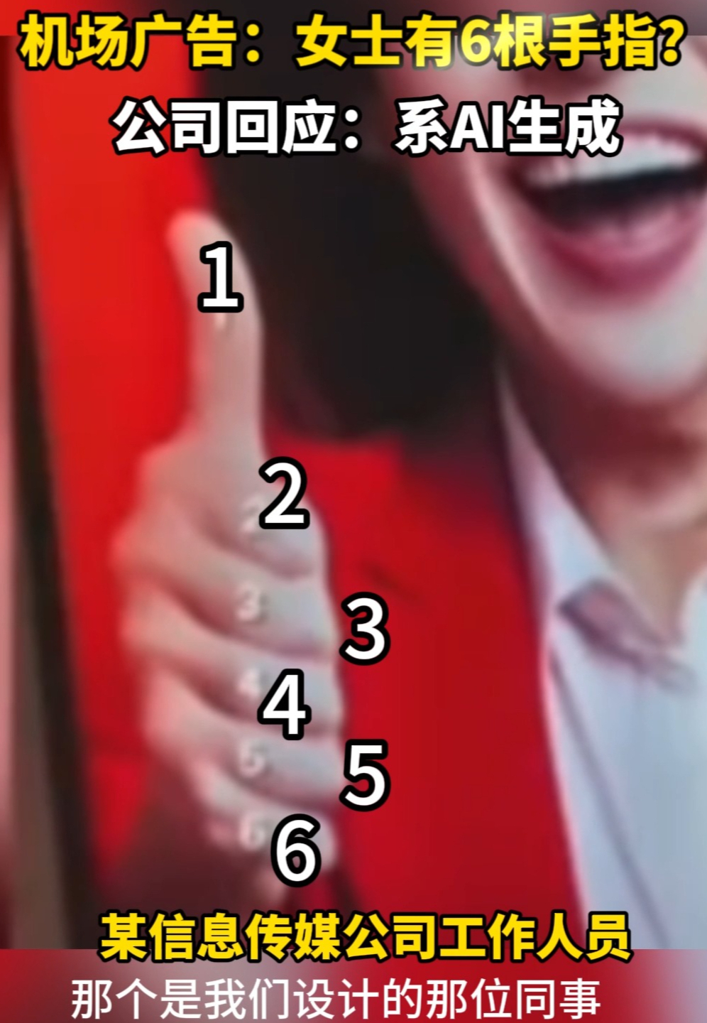 机场广告：女士有6根手指？ 公司回应：系AI生成！