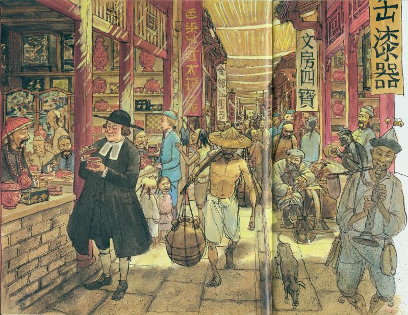 外商在广州街市购物,广州十三行博物馆提供1957年,一年两届的中国出口